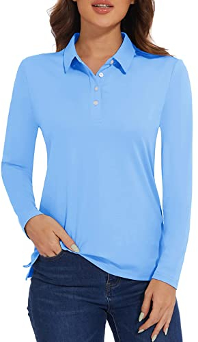 MAGCOMSEN Funktionspolo Damen Langarm Polohemd Stretch Poloshirt Golf T-Shirt Casual Langarmshirt Sportlich Polo Shirts, Hellblau M