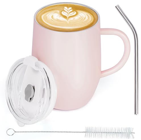BELLE VOUS Mug Isotherme avec Poignée en Acier Inoxydable - 350 ml - Gobelet avec Paille et Couvercle en Plastique à Double Paroi Thermique - Tasse Isotherme pour Cafe/Thé, Boissons Chaudes & Froides