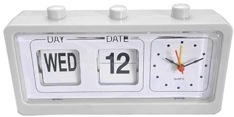 Cyrank Manueller Sprungkalender-Wecker, Schreibtisch-Tischwecker, Multifunktionaler Manueller Sprungkalender-Desktop-Wecker Schreibtisch Uhr Für Arbeitszimmer, Büro(Weiss)