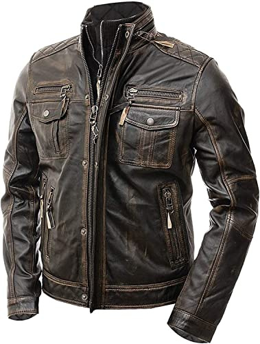 Suiting Style Herren Retro Distressed Motorrad Lederjacke - Antik Moto Vintage Café Racer Echt Biker Lederjacke, Mehrere Taschen, XXL