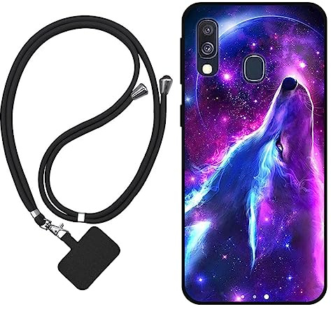 Sunrive Hülle Kompatibel mit Samsung Galaxy A40 Case,matt Handyhülle Schutzhülle Etui Karikatur Muster TPU Backcover (Wolf,Mond,Sterne) +1x Universale Handykette