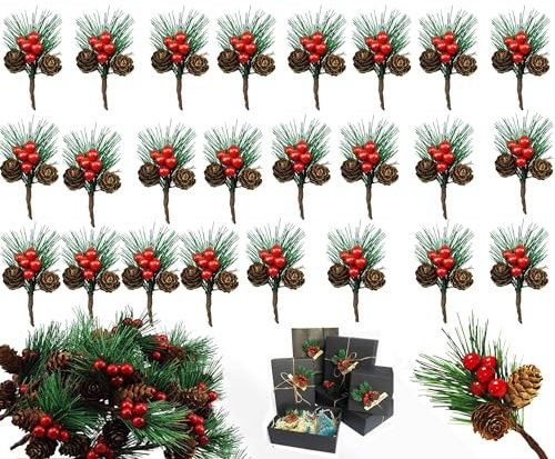 25 Piezas Decoración de Bayas Rojos,Palillos Artificiales de Bayas Rojas Acebo Bayas Rojas Ramas Tallos de Bayas navideñas para el árbol de Navidad Temporada de Vacaciones Decoración de Invierno