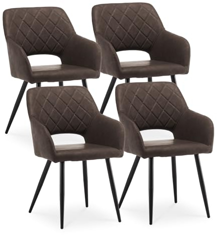 CLIPOP Esszimmerstühle, 4er Set, Polsterstühle mit Armlehnen, Metallbeine, Kunstleder Bezug, Kunstleder Braun, bis 150 kg belastbar, für Arbeitszimmer, Wohnzimmer, Schlafzimmer (4er, Kunstleder Braun)
