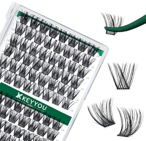 Wimpernbüschel 96pcs Einzelwimpern D Curl 14mm Wimpernbüschel KEYYOU Volume Wispy Lash Extension Soft&Comfortable Easy DIY at Home(Y01,D-14mm)