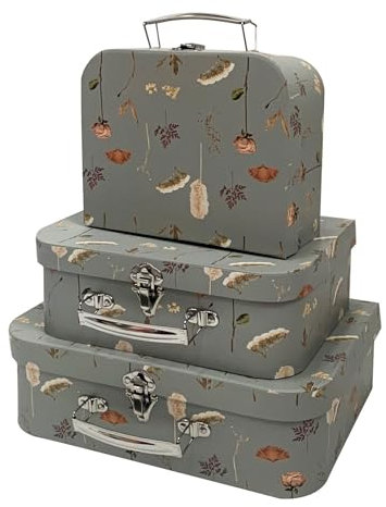 Emartbuy Grey Leaves & Flower Print Suitcase Boxes Set of 3 – Prebuilt Decorative Cardboard with Metal Handle & Clasp – Organizer for Gifts & Keepsakes – 30.2×21.9×9.5/25×18.8×8.8/20.2×16×8.2 cm