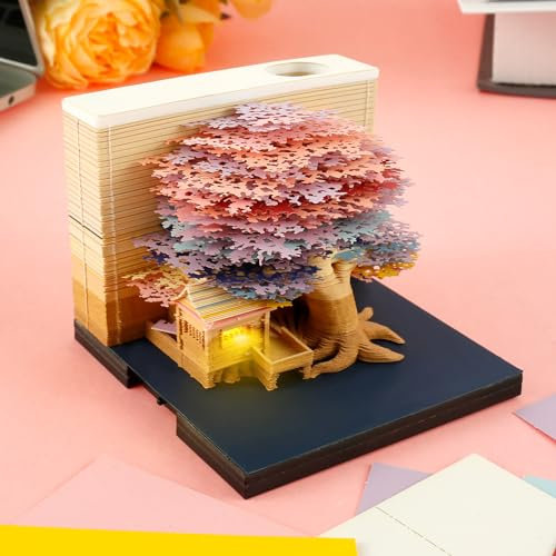 Calendrier 3D 2024 avec bloc-notes en papier avec lumières - Calendrier de bureau créatif à faire soi-même - Bloc-notes 3D quotidien - Décoration pour l'école et la maison (rose 2)