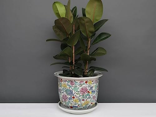 Yajutang China Porzellan Blumentopf Weiß mit bunten Blumen Ø 26