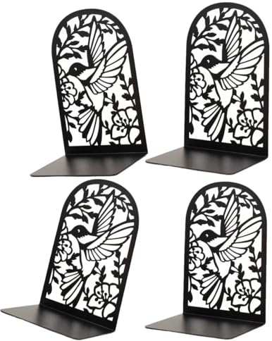 (4, Black) Deefongo 4 Stück Buchstütze,Buchstützen Metall Bücherhalter Bookends,Schwere Buchstütze,Schwarzes Bücherregal mit floralem Design