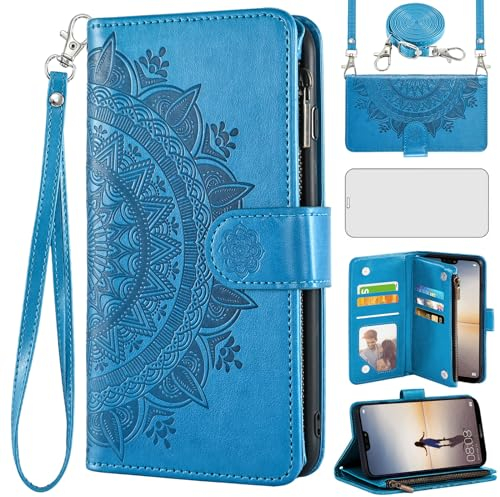 Asuwish Handyhülle für Huawei P20 Lite Hülle mit Band und Folie Schutzfolie Kartenfach Klappbar Leder Blumen Geldbörse Ständer Hawaii P 20 P20lite 20P ANE-LX1 Nova 3E Handy Schutzhülle Phone Case Blau