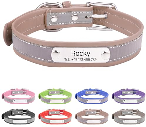 Reflektierend Halsband für Hunde aus Leder Personalisierte Hundehalsband mit Namen Gravur Hellbraun Halsband mit Namenschild für den mittleren Hund,Hundehalsbänder M