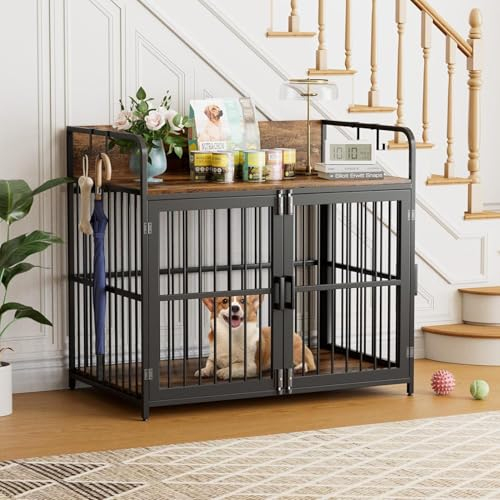 Amopatio Hundekäfig für Zuhause, Hundebox Holz mit 2 Türen, Hundehütte Indoor mit 4 Haken, Hundehaus für große mittelgroße kleine Hunde bis zu 100kg, 94x60x88cm, Vintagebraun