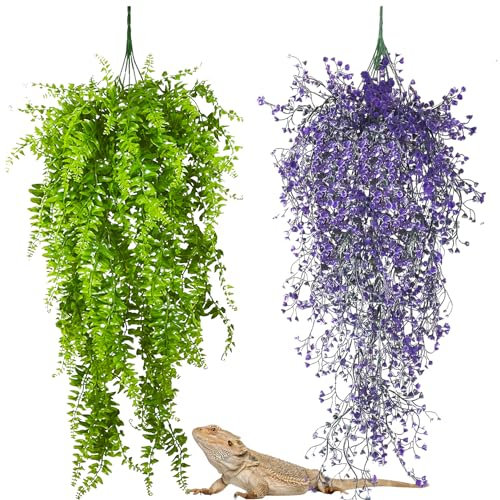 PINVNBY Reptilienpflanzen, Terrarium, hängende künstliche Reben mit Saugnapf, künstliche Blätter für Bartagamen, Eidechsen, Geckos, Schlangen, Einsiedlerkrebse, Lila und Grün, 2 Stück
