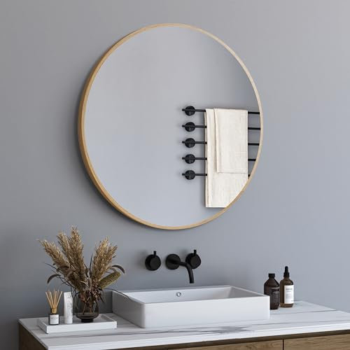 BD-Baode Runder Spiegel 60 cm Rund Dekospiegel Runder Badspiegel Ohne Beleuchtung Holzmaserung für Badezimmer, Waschräume, Schlafzimmer