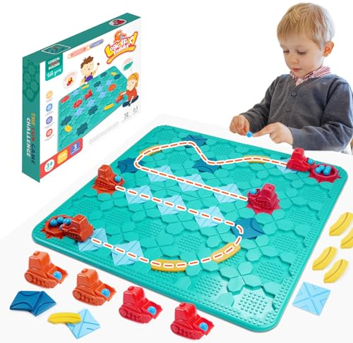 Logischer Straßenbauer Brettspiele, 57x57cm Kinderspielzeug Brettspiele mit [4 Bagger Zurückziehen Auto und 12 Kugeln], 206 Herausforderungen Spielbrett Labyrinth Puzzle Logikspiel für Kinder 3-8