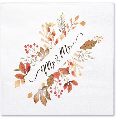 WRAPAHOLIC 50 Stück Herbst-Servietten Mr & Mrs, 3-lagige Einweg-Papierservietten für Verlobung, Hochzeit, Party, Geschirr, 16,5 x 16,5 cm