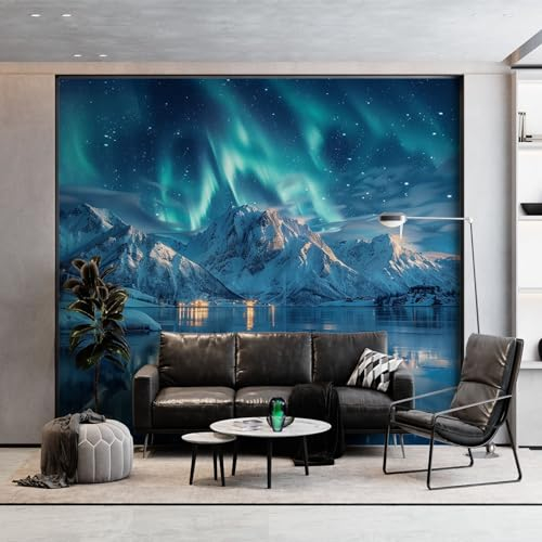 Wandtapete Schneebedeckter Bergsee Unter Dem Nordlicht Fototapete, Landschaft Vliestapete Bild Dekoration Wand-Dekor, 250 x 175 cm Tapete Panorama Poster Für Mädchen, Jungs Schlafzimmer Wohnzimmer