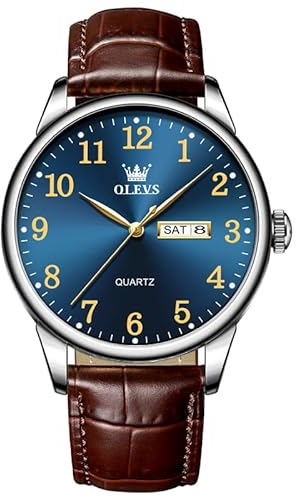 OLEVS Watch for Men Großes Gesicht Braun Lederarmband Analoger Quarz Uhren Herren Arabische Ziffern Klassisches Blau Wählscheibe Herrenuhr Minimalismus Retro Datumsanzeige Armbanduhr Herren