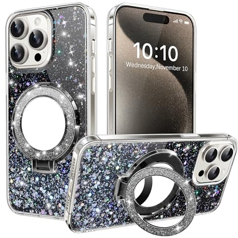 IMEIKONST Glitter Case for iPhone 13 with Makeup Mirror Kickstand, Sparkle Sequin Transparent Protective Phone Case for Women Soft Bumper Silicone Shockproof Cover for iPhone 13. Black DJJ