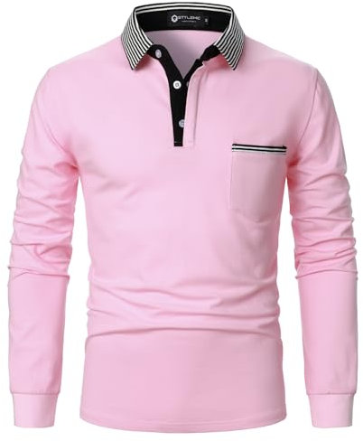 STTLZMC Hommes Polo Rayé Manches Longue Coton Golf T-Shirt 26 Rose XXL