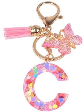 YPYMOD Nom Lettre Initiale Porte-clés, Pompons Papillon Monogramme Porte-clés, Rose(C)