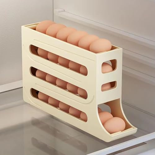 GGLIGHTS Portauova per Frigo A 4 Livelli Dispenser Automatico per Uova Vassoio Portauova Salvaspazio Contenitore per Uova di Grande capacità per Frigorifero E Gadget da Cucina,2PCS, Beige White