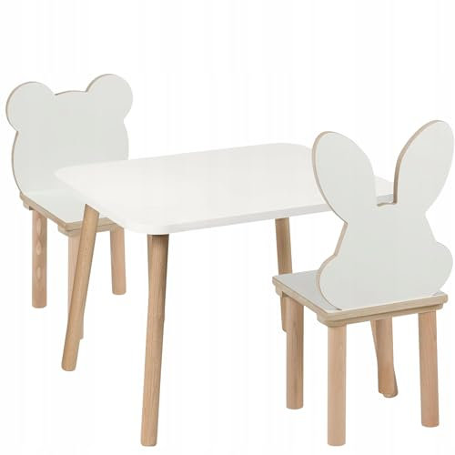 PlayPals Furniture Kindertisch mit 2 Stühlen Set 50 x 60 x 47 cm aus Holz, Bär- und Hasen-Design, Sitzgruppe Kinder, Kinderzimmer Möbel