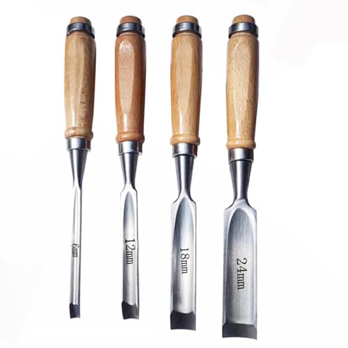 Set di 4 scalpelli in legno, rotonde, curve, con bordo semicircolare in acciaio CR-V, 8 mm, 12 mm, 18 mm, 24 mm, per artigianato fai da te (bordo interno)