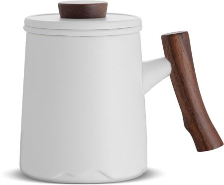 VETIN Teetasse mit Deckel und Sieb, 360 ml Keramik Teetasse mit Holzgriff (Weiß)