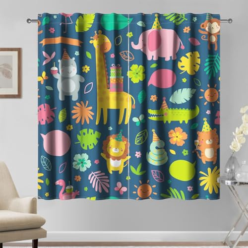 Kzzfqxb 107x160cm Kindervorhänge 2 Paneele, Dunkelblau Tiere Zoo Giraffe Elefant Nilpferd Tiger Löwe Krokodil Cartoon Malerei Bedruckte für Kinder Jungen Baby Schlafzimmer