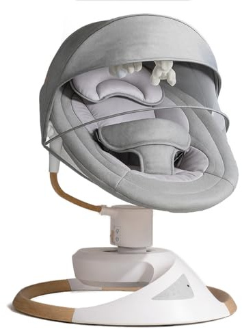 bebe2luxe EMY: Babywippe/elektrische Babywippe, Holzoptik, natürliche Schaukelbewegung, 360°-Drehung, Bluetooth, Fernbedienung (grau)