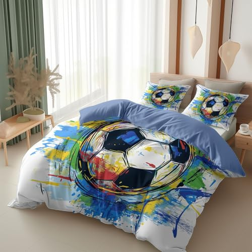 Jungen Bettwäsche 135x200 cm 3-teilig Fußball Motiv Kinderbettwäsche | Mikrofaser Hellblau Graffiti Doodle-Stil Wendebettwäsche mit Reißverschluss (1 Bettbezug und 2 Kissenbezüge 80x80 cm)