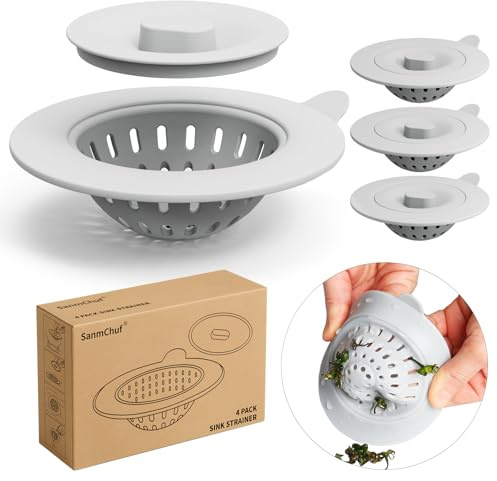 4er Set Silikon-Küchenspüldreiniger mit Deckel, 4,4 Oberfläche / 3 Netz-Korb, graue Siebe für 3,1–3,9 Zoll große Öffnungen, Anti-Stau-Abdeckungen für wiederverwendbare Spüldreiniger