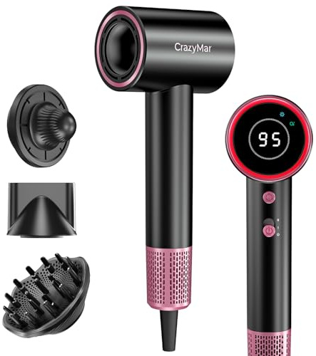 CrazyMar Asciugacapelli Ionico,180.000 giri/min Asciugacapelli Professionale – Asciugatura 5X più Veloce,Con 4 Temperature,Protezione dal Surriscaldamento e Funzionamento Silenzioso (Nero)