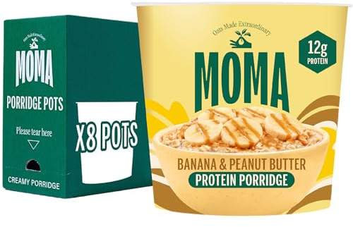 MOMA - Banana & Peanut Butter Porridge Pot - 8 x 65g • Made with British Wholegrain Jumbo Oats • Source of Fibre • High in Protein • Source of Fibre • Ready in 3 Minutes • 12g of protein