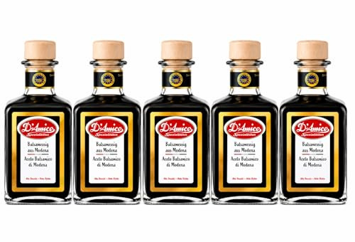 D’Amico Vinaigre Balsamique de Modène I.G.P – 90% de moût de raisin, densité 1,35, sans additifs – idéal pour salades, fromages, fraises & antipasti (5 x 250 ml)