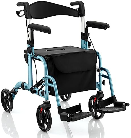 COSTWAY Rollator faltbar und leicht mit Sitz, 2 in 1 Rollstuhl & Reiserollator, Gehhilfe 6-fach höhenverstellbar, Gehwagen mit Tasche & Doppelten Bremsen & Stockhalter, klappbar für Senioren (Blau)