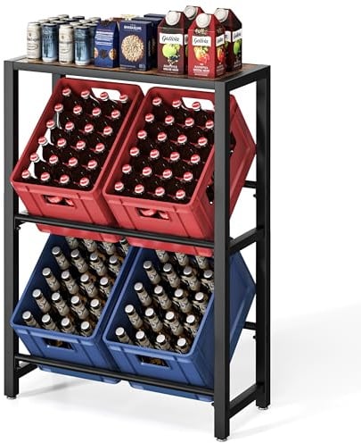 Getränkekistenregal mit Ablage, 4 Kästen Schwarz Stabiles Metallregal | Platzsparendes Getränkekistenständer für Bier, Wasser & Softdrinks – Ideal für Küche, Keller & Abstellraum