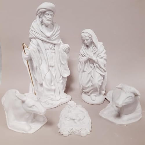 TOPAZ Belén de 5 Piezas en Poliresina Blanca para Pintar · Set Decorativo de Navidad con Virgen, San José, Niño Jesús, Buey y Mula · 26 cm · Ideal para Decorar o Regalar