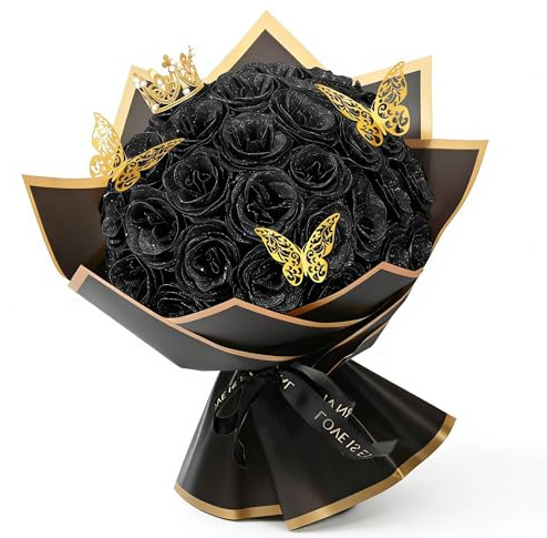YUZHEDM 24 Pezzi Rosa Eterna Fiori Finti Rose Stabilizzate Addobbi Ornamenti Natalizi per Casa Interno Ghirlanda Fai da te Matrimonio Bouquet da Sposa Festa San Valentino Decorazione（nero）