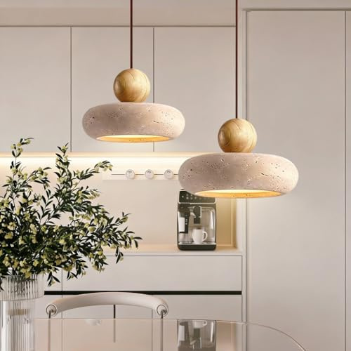 JOJOM Japanische Wabi Sabi Natürliche Gelbe Höhlenstein Hängelampe LED Modern Pendelleuchte aus Massivholz Hoch Verstellbare Wohnzimmer Esszimmer Hängelampen Schlafzimmer Nachttisch(A20)