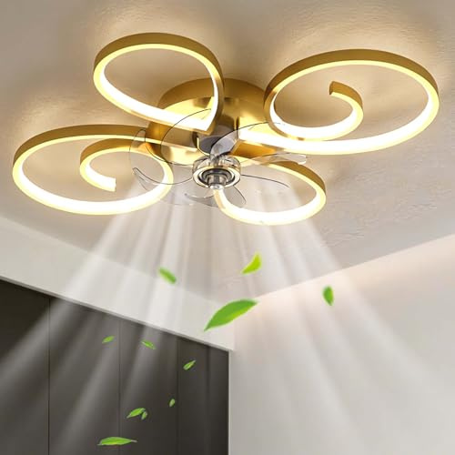 Dobecd Gold LED Deckenventilator mit Fernbedienung 6 Gang reversibel | LED Deckenlampe mit Ventilator Lampe mit Ventilator Leise Fernbedienung APP 6 Gang reversibel Speicher Dimm Timerfunktion