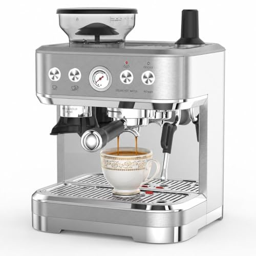 Siebträger Espressomaschine mit integriertem Mahlwerk & Milchaufschäumer | 15 Bar ULKA Pumpe | PID Temperaturkontrolle | 2,3L Tank | Edelstahl | 360° Dampflanze | für Cappuccino & Latte Macchiato