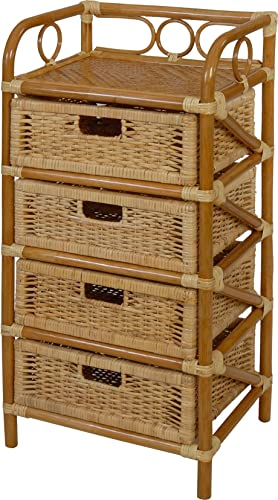 korb.outlet Rattan-Badregal Kommode mit 4 Schubfächern Regal Vier Schubladen Rattan Rattanmöbel Honig Badregal Korb