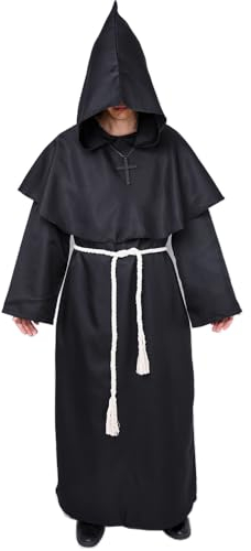 Myir JUN Deguisement Moine, Deguisement Halloween Homme Prêtre Médiéval Capot Encapuchonné Moine Costume avec Croix Renaissance Robe de Prêtre Halloween Robe (Noir, XXL)