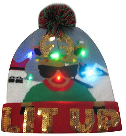 YEBIRA Unisex Weihnachten LED Mütze Leuchten Hut Strickmütze mit Bommeln Wintermütze Weihnachtsmütze Geschenk für Damen Herren Jungen Mädchen (Einheitsgröße, #V-02)