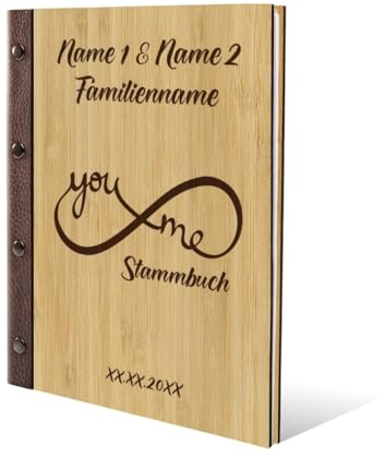 Stammbuch Gravur individuell Bambus Cover mit Echtleder Rücken und Extras Stammbuchformat hoch 175 x 220 mm - Unendlichkeit