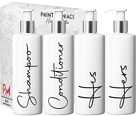 Print Maniacs White Mrs Hinch Inspired Personalised 500ml Pump Bottles Bathroom Lotion Kitchen Set Shampoo Conditioner (Set 4 His Her, F2 ) (Black)