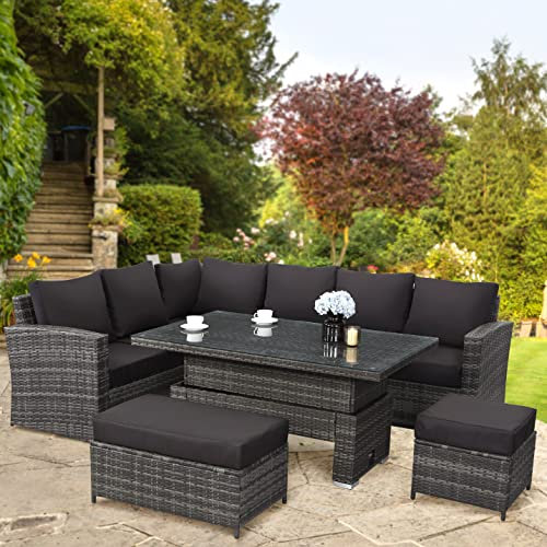 9 Seater Rattan Garden Furniture Set with Height Adjustable Rising Table - Outdoor Furniture Rattan Corner Sofa - Garden Patio Sets - FREE COVER INCLUDED (Dark Grey Mixed with Dark Grey Cushions)