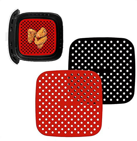 TENQUAN Silikon Backmatte Quadratisch, Airfryer Zubehör 2 PCS Backmatte Silikon Wiederverwendbar Antihaft-Luftfritiereinlagen Matten für Luftfritiergerät, Dämpfkorb(8,5 Zoll)