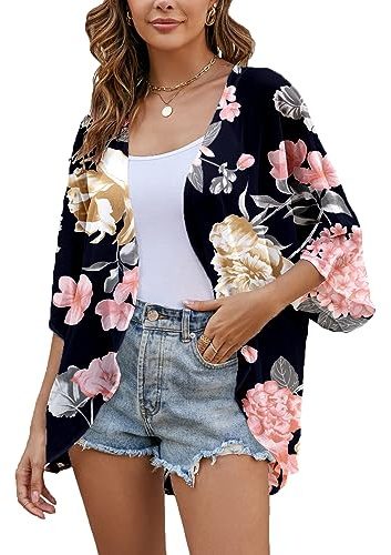 Heynino Womens Chiffon Kimono Cardigans Open Front Floral Print Beach Cover up Capes Sheer Loose Blouse Tops